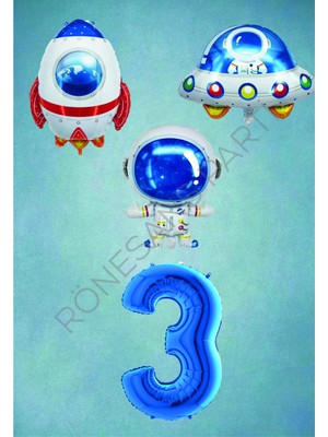 Rönesans Parti Uzay Temalı Mavi Rakamlı Folyo Balon Seti Yaş 3