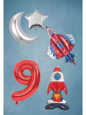 Rönesans Parti Uzay Temalı Astronot Uçak Rakam Ay Yıldız Folyo Balon Seti Yaş 9