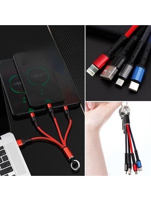 Işıklı Anahtarlık Model 3 In 1 USB Çıkışlı Mikro, Type-C ve Iphone Uyumlu Şarj Kablosu