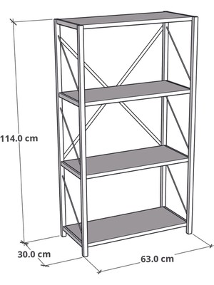 Furnature Design 4 Metal Kitaplık 4 Raflı Dekoratif Kitaplık Raf Atlantik Çam 60 cm Metal Klasik 30 cm Klasik Metali