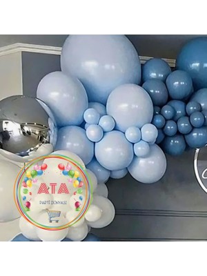 Ata Parti Dünyası ^^ Doğum Günü Konsepti * Beyaz * Makaron Mavi * Derin Okyanus * 60 Lı Balon Zinciri Parti Seti