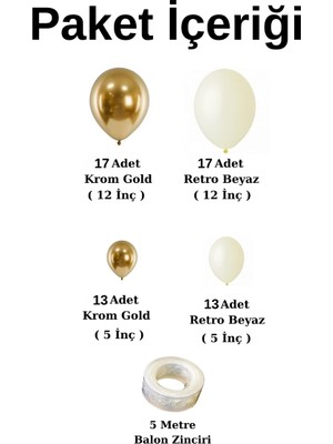 Ata Parti Dünyası ^^ Doğum Günü Konsepti * Retro Beyaz * Krom Gold * 60 Lı Balon Zinciri Parti Seti