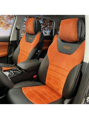 K-Design Chery Tiggo 8 Pro Araca Özel Oto Koltuk Kılıfı - Tay Tüyü ve Deri - 2 Adet Logo Nakışlı