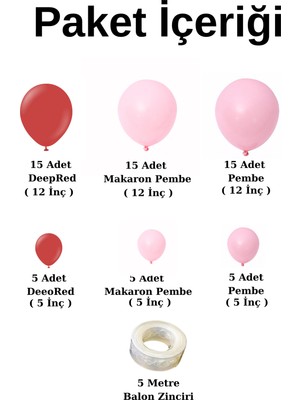 Organizasyon Pazarı Balon Seti Deepred-Makaron Pembe-Pastel Pembe 60 Lı Balon Zinciri Seti