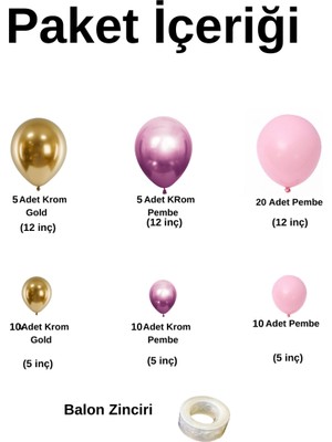 Ata Parti Dünyası ^^ Doğum Günü Konsepti * Krom Gold * Krom Pembe * Pastel Pembe * 60 Lı Balon Zinciri Parti Seti