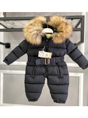 HC Kids Wear Siyah Bebek Kozmonot Tulum Uzun Kol Kürk Kapşonlu Polyester Malzeme ile Rahat Kullanım