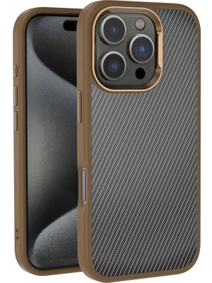 ZORE Apple iPhone 16 Pro Kılıf Karbon Fiber Görünümlü Parlak Kamera Çerçeveli Venus Kapak-Rose Brown