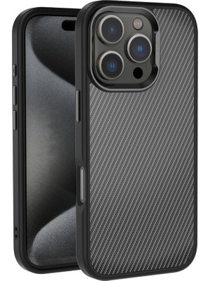 ZORE Apple iPhone 16 Pro Kılıf Karbon Fiber Görünümlü Parlak Kamera Çerçeveli Venus Kapak-Siyah