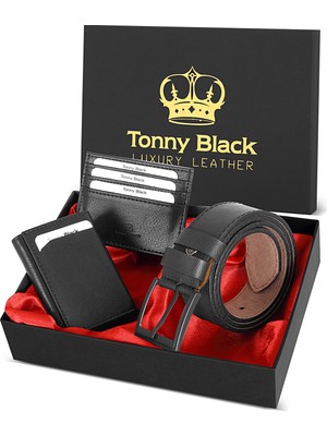 Tonny Black Orijinal Erkek Özel Hediye Kutulu 3'lü Set Luxury Serisi Hediyelik Aksesuar Kutusu Çeyiz Düğün Baba Için Damat Takımı Klasik Şık Deri Kemer Mekanizmalı Rfid Cüzdan ve Kartlık Seti