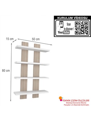 modilayn 4 Nergiz Beyaz Everest Dörtlü Duvar Rafı ARD612 15 cm Duvara Monte Suntalam Beyaz 80 cm 50 cm Sunta