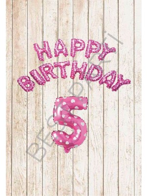 Best Parti Pembe Puanlı Happy Bırthday ve Rakam Folyo Balon Seti Yaş 5
