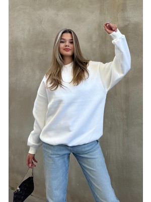 la & vetta Beyaz Bisiklet Yaka Basic Sweatshirt