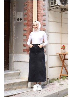 Vellichor Siyah Uzun Denim Kumaşlı Yıldız Rivetli Kot Etek 42 Bel Ölçüsü ile Kadınlar İçin