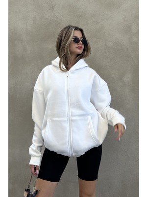 la & vetta Beyaz Kapüşonlu Oversize Fermuarlı Şardonlu Sweatshirt