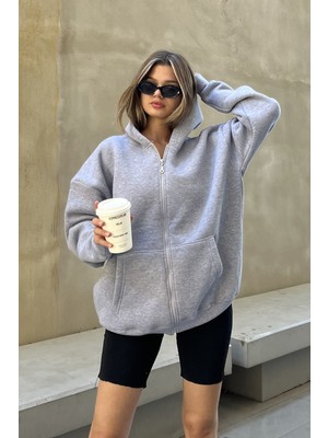 la & vetta Gri Kapüşonlu Oversize Fermuarlı Şardonlu Sweatshirt