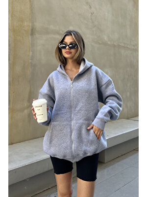 la & vetta Gri Kapüşonlu Oversize Fermuarlı Şardonlu Sweatshirt