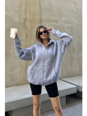 la & vetta Gri Kapüşonlu Oversize Fermuarlı Şardonlu Sweatshirt