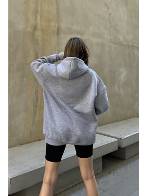 la & vetta Gri Kapüşonlu Oversize Fermuarlı Şardonlu Sweatshirt