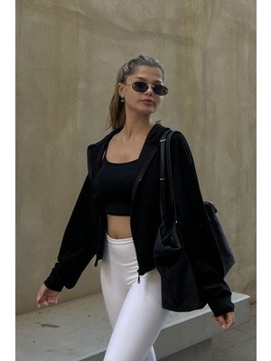 la & vetta Siyah Kapüşonlu Fermuarlı Crop Sweatshirt