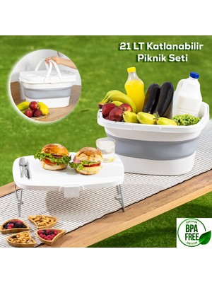 Deluxepazar Katlanır Piknik Sepeti - Silikonlu Katlanabilir Saklama Kutusu - 21 L Beyaz