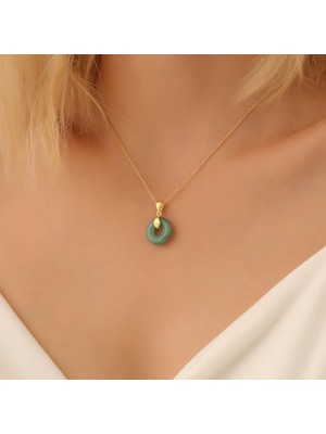 Nox Jewelry 14 Ayar Altın Mikron Kaplama Doğal Jade Taşlı Gümüş Kolye - Yeşim Taşı Donut Kolye Minimal Kadın Kolye