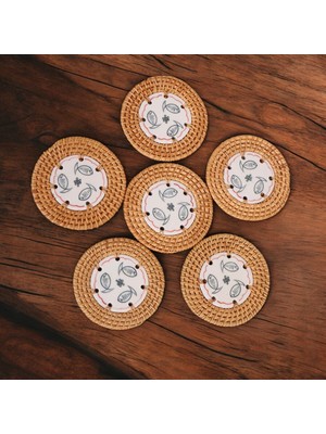 El Yapımı Seramikli Doğal Rattan Bardak Altlığı Seti - 6'lı, Balık Desenli 10CM Oceanpoint