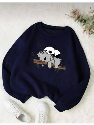 Belabre Oversize Kadın Panda Baskılı Lacivert Bisiklet Yaka Sweatshirt