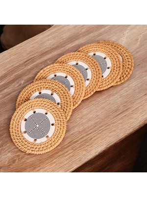 Modern Desenli El Yapımı Seramik ve Doğal Rattan Bardak Altlığı Seti 10CM 6'lı, Minimalist Tasarım Oceanpoint