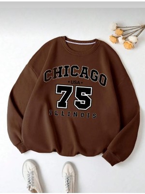 Belabre Oversize Unisex Chicago Baskılı Kahverengi Bisiklet Yaka Sweatshirt