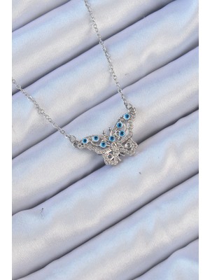 Ezo Concept 316L Çelik Zincir Gümüş Renk Zirkon Taşlı Nazarlı Kelebek Kolye