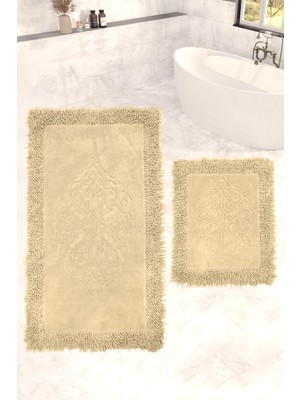 Zeria Home Osmanlı  Kenar Makarna  Klozet Takımı Banyo Paspası Seti 60X100 + 50X60 Cappuccino