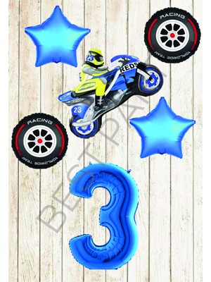 Best Parti Motorsiklet-Yarış Lastiği ve Mavi Rakam Yıldız Folyo Balon Seti Yaş-3