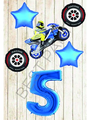 Best Parti Motorsiklet-Yarış Lastiği ve Mavi Rakam Yıldız Folyo Balon Seti Yaş-5