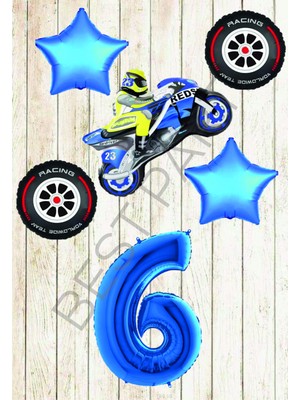 Best Parti Motorsiklet-Yarış Lastiği ve Mavi Rakam Yıldız Folyo Balon Seti Yaş-6
