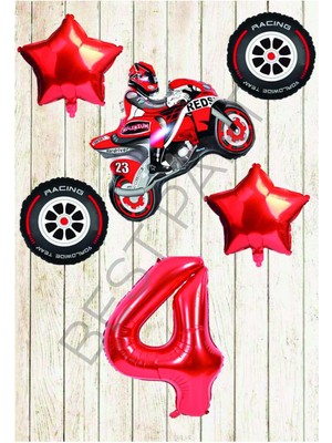 Best Parti Motorsiklet-Yarış Lastiği ve Kırmızı Rakam Yıldız Folyo Balon Seti Yaş-4
