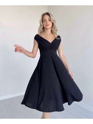 Defy Moda Kadın Kısa Kollu Kruvaze Yaka Eteği Volanlı Krep Elbise