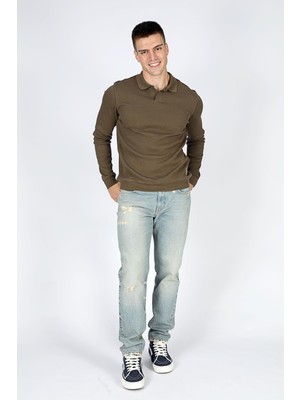 Lee Cooper Sirius Erkek %100 Pamuk Polo Yaka Sweatshirt Olive