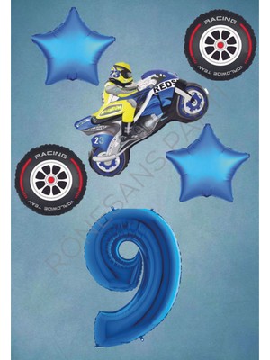 Rönesans Parti Motorsiklet-Yarış Lastiği ve Mavi Rakam Yıldız Folyo Balon Seti Yaş-9