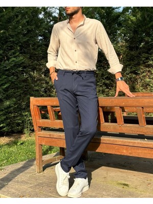 İnpool Erkek, Beli Lastikli, Diagonel Kumaş, Old Money Culture, Duble Paça, Regular Fit Pantolon 24INP291