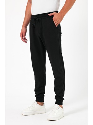 Mmetalic Kalın Siyah Erkek Eşofman Altı Jogger Arka Cepli Paça Lastikli Regular Fit Şardonsuz