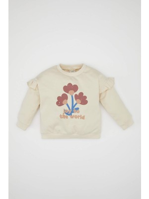 DeFacto Kız Bebek Bisiklet Yaka Çiçekli İçi Yumuşak Tüylü İnce Sweatshirt D5573A524WN