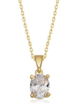 Stil Love Gümüş Gold Oval Zirkon Taşlı Kadın Kolye