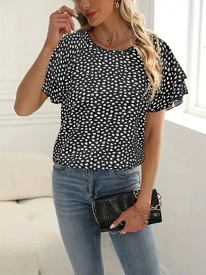 Defy Moda Kadın Kısa Kollu Kolları Volanlı Baskılı Süprem Bluz