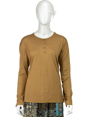 Oppland Kadın Klasik Düğme Desenli Yuvarlak Yaka Büyük Viskon Penye Anne Bluz