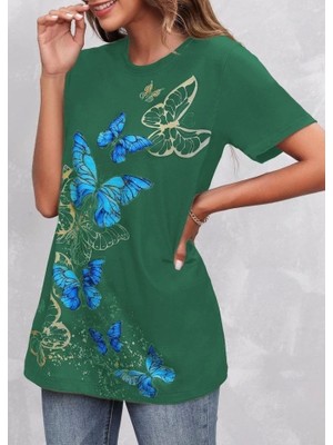 Defy Moda Kadın Kısa Kollu Mavi Sarı Kelebek Baskı Süprem T-Shirt