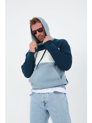 Valiberta Oversize Kapüşonlu 3 Renk Blok Selanik Örme Erkek Sweatshirt - Mavi