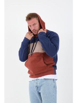 Oversize Kapüşonlu 3 Renk Blok Selanik Örme Erkek Sweatshirt - Kiremit