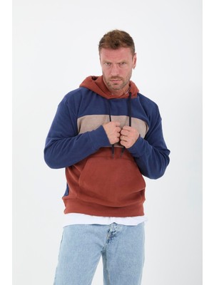 Oversize Kapüşonlu 3 Renk Blok Selanik Örme Erkek Sweatshirt - Kiremit