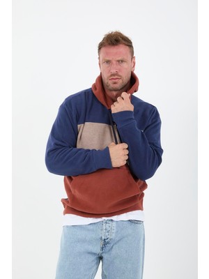 Oversize Kapüşonlu 3 Renk Blok Selanik Örme Erkek Sweatshirt - Kiremit