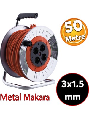 Badem10 Metal Makaralı Seyyar Cca Kablo 4 Prizli Monofaze Uzatma Kablosu 3x1.5 mm Ttr Kablo 50 Metre